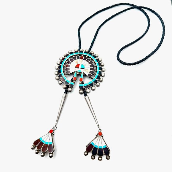 Rare Native American Zuni Cellicion Sterling Turquoise Large Sunface Bolo Tie - Picture 2 of 9